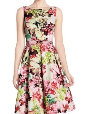 Beautiful Eliza J Floral Midi Dress with Pink, Green & Red Accents.